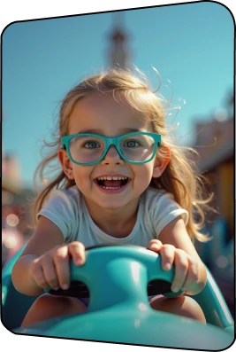Niña con lentes BioLUX jugando en el parque