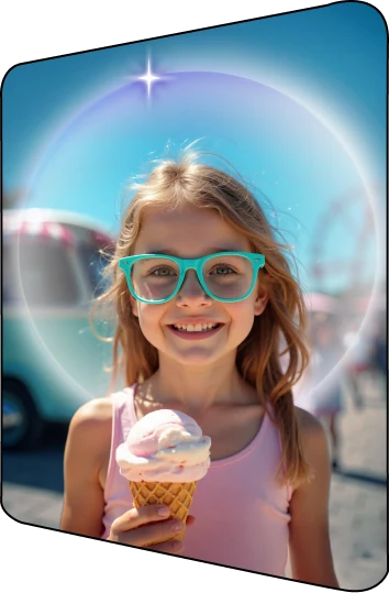 Niña con lentes BioLUX disfrutando un helado al aire libre