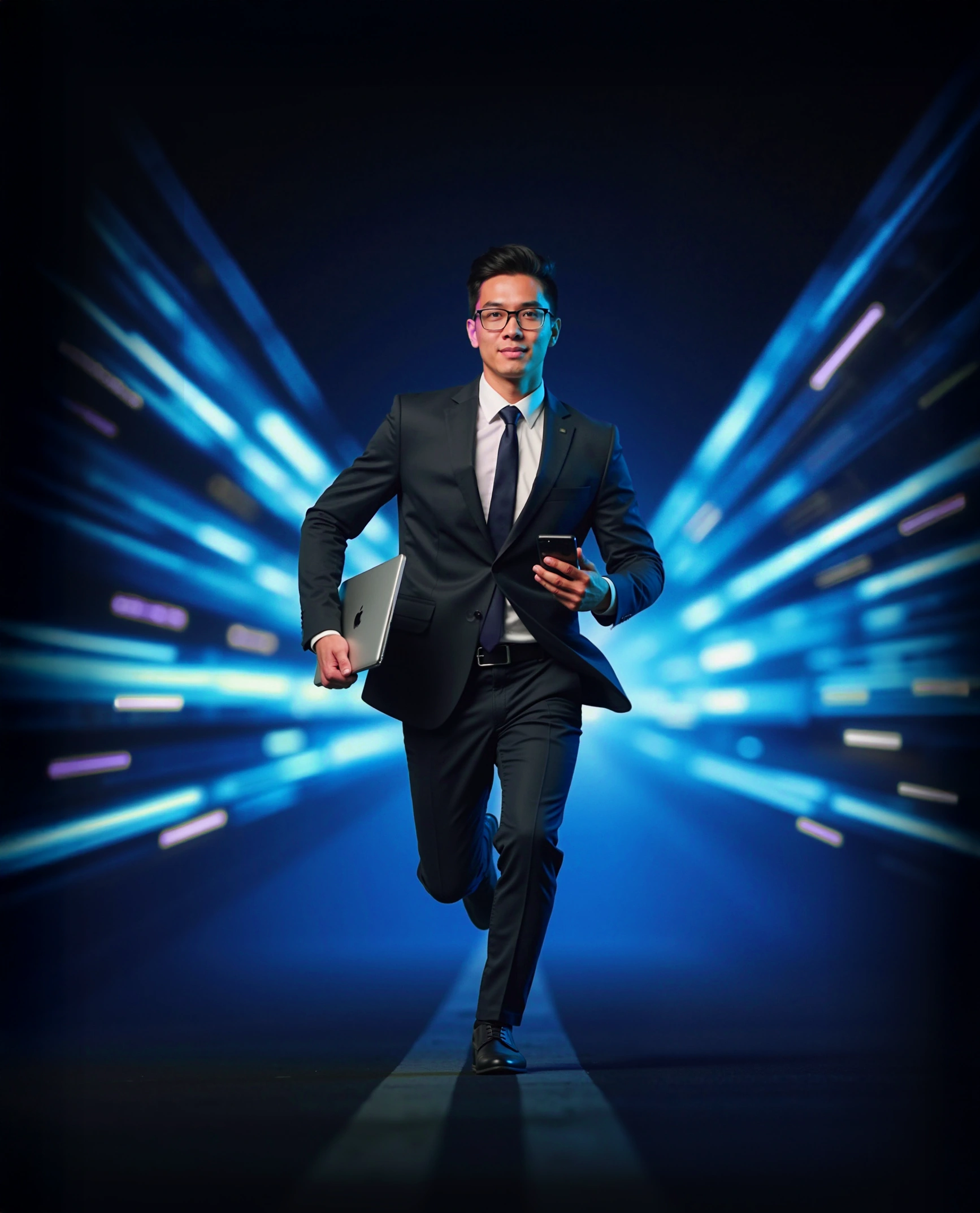 Profesional con lentes, una computadora portátil y un teléfono bajo iluminación azul