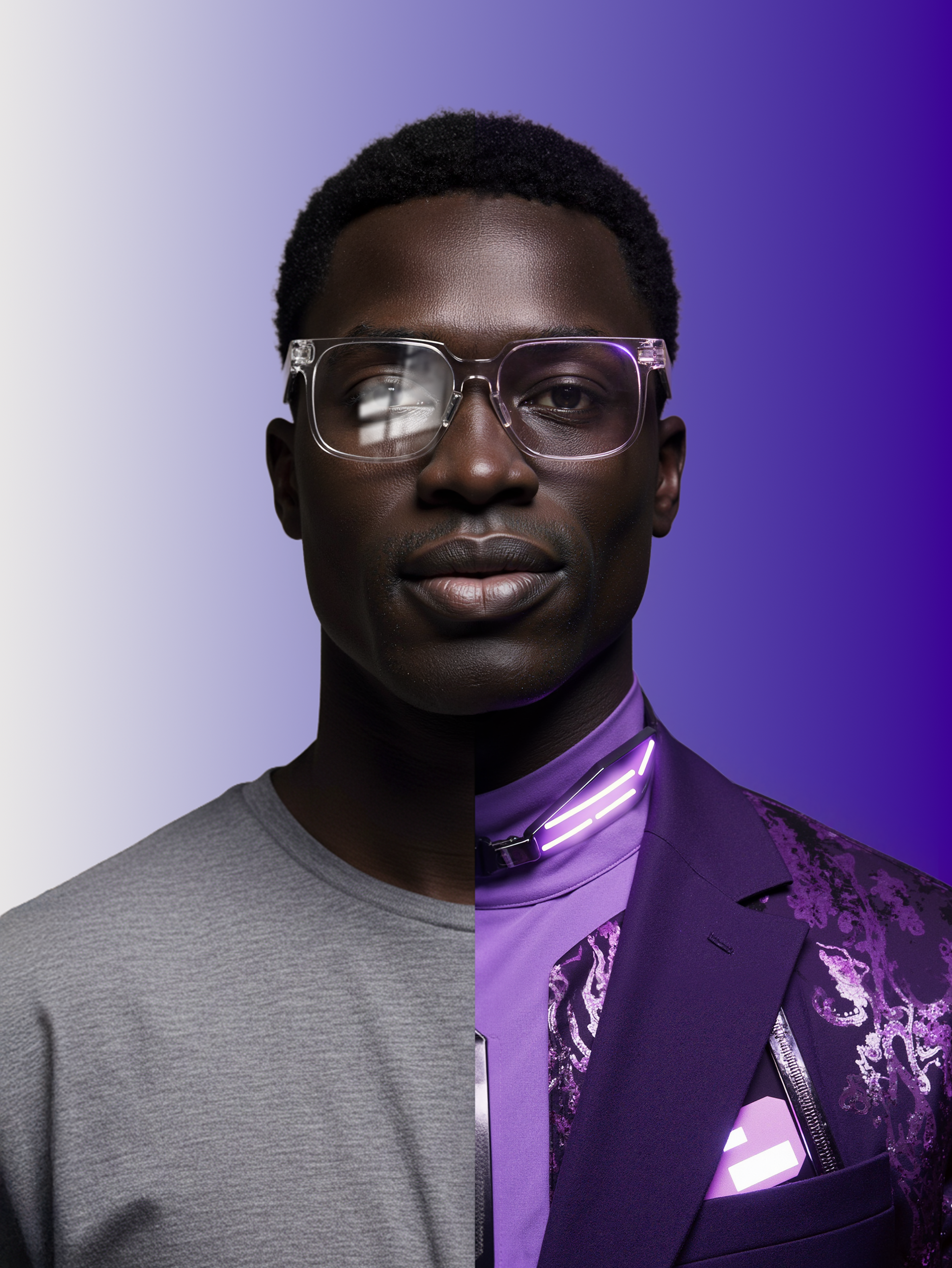 Hombre con anteojos transparentes y traje violeta
