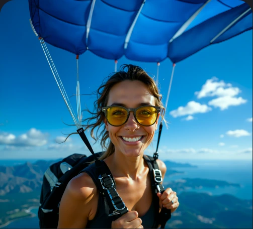 Mujer en parapente usando lentes terapéuticos SPECTRλ